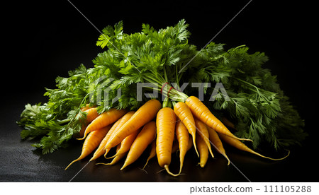 Vibrant orange carrots aligned neatly with lush green tops spread out, set against a dark contrasting background 111105288