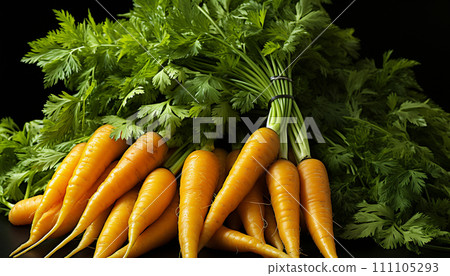 Bright orange carrots with delicate green foliage, bundled together, laid against a deep black backdrop. Bright orange carrots with delicate green foliage, bundled together, laid against a deep black backdrop. 111105293