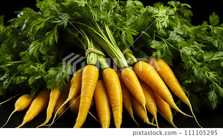 Bright orange carrots with delicate green foliage, bundled together, laid against a deep black backdrop. Bright orange carrots with delicate green foliage, bundled together, laid against a deep black backdrop. 111105295