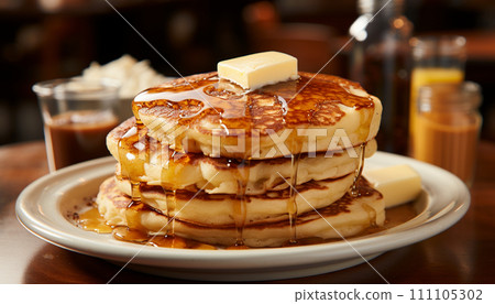 Golden pancakes stacked high on a plate, drizzled with syrup and topped with a melting pat of butter, accompanied by beverages in a cozy setting Golden pancakes stacked high on a plate, drizzled with syrup and topped with a melting pat of butter, accompanied by beverages in a cozy setting 111105302