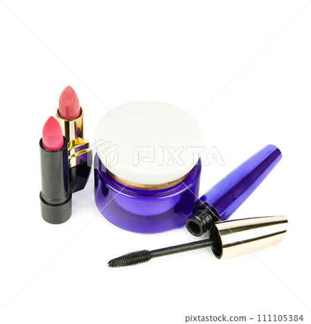 Lipstick, mascara and cosmetic face cream isolated on white . 111105384