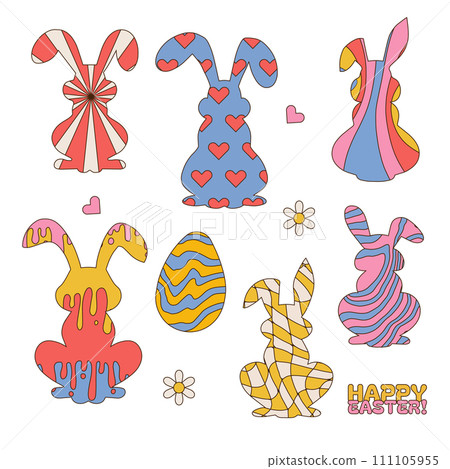 Groovy hippie Happy Easter Set of Easter bunnies silhouettes with patterns in trendy retro 60s 70s cartoon style. Linear hand drawn vector illustration. Groovy hippie Happy Easter Set of Easter bunnies silhouettes with patterns in trendy retro 60s 70s cartoon style. Linear hand drawn vector illustration. 111105955