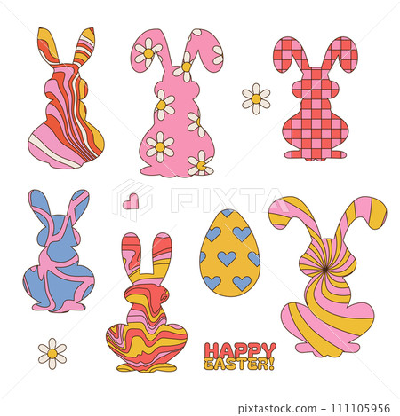 Easter set with bunny silhouettes with groovy patterns inside. Linear hand drawn vector illustration. Easter set with bunny silhouettes with groovy patterns inside. Linear hand drawn vector illustration. 111105956