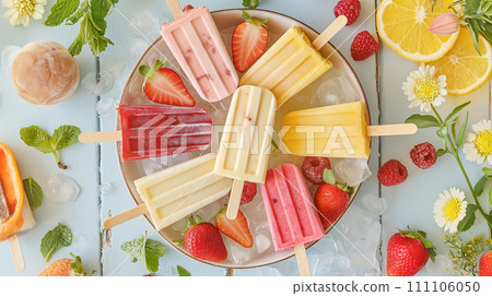 Fruit ice cream bars, various homemade frozen desserts with various fruits, AI generate. Fruit ice cream bars, various homemade frozen desserts with various fruits, AI generate. 111106050