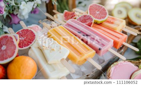 Fruit ice cream bars, various homemade frozen desserts with various fruits, AI generate. Fruit ice cream bars, various homemade frozen desserts with various fruits, AI generate. 111106052