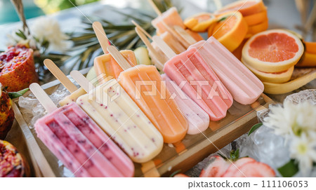 Fruit ice cream bars, various homemade frozen desserts with various fruits, AI generate. Fruit ice cream bars, various homemade frozen desserts with various fruits, AI generate. 111106053