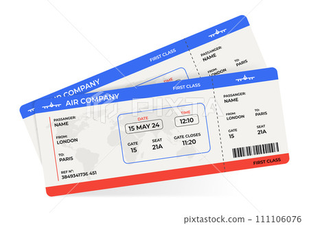 Airplane tickets template with boarding pass with passenger name and destination way, realistic vector illustration, trip and travel concept Airplane tickets template with boarding pass with passenger name and destination way, realistic vector illustration, trip and travel concept 111106076