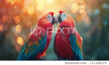 a pair of parrots kiss each other 111106224