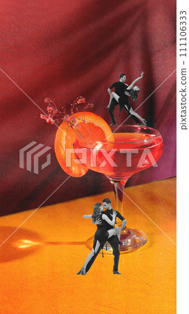 Love and passion. Elegant young couple, man and woman dancing tango over glass with delicious cocktail. Happy Valentine's Day. Modern aesthetic Love and passion. Elegant young couple, man and woman dancing tango over glass with delicious cocktail. Happy Valentine's Day. Modern aesthetic 111106333