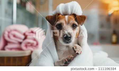 Pampered dog in Spa Bathrobe Pampered dog in Spa Bathrobe 111106384