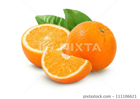 Orange fruit with slices isolated on white background with full depth of field Orange fruit with slices isolated on white background with full depth of field 111106621
