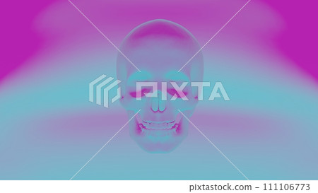 3D abstract holographic skull, showcasing a stunning fusion of art and technology. The holographic effect gives the skull a translucent and ethereal appearance, with light refracting through. 111106773