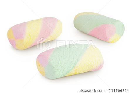 Colorful mini marshmallows isolated on white background with full depth of field 111106814