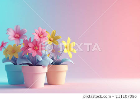 Flowers in a pot in the concept of growth in 3D illustration style on a colorful background Flowers in a pot in the concept of growth in 3D illustration style on a colorful background 111107086