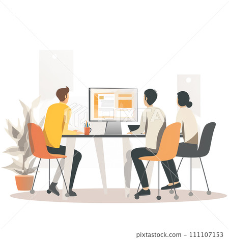 A collaborative group working together in a shared workspace, against a white background, illustrated by AI generation. A collaborative group working together in a shared workspace, against a white background, illustrated by AI generation. 111107153