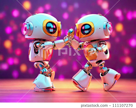 Happy robots are dancing on Valentine's day background. Happy robots are dancing on Valentine's day background. 111107270