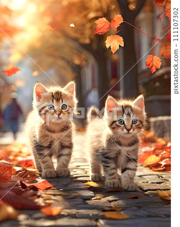 Adorable kittens on the urban street in fall season. Art painting of the pets. Adorable kittens on the urban street in fall season. Art painting of the pets. 111107302