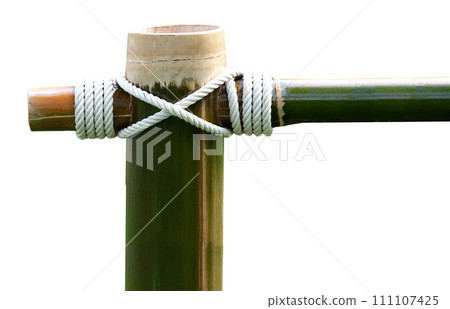 Layers of rope tied around a bamboo log isolated on white background. Layers of rope tied around a bamboo log isolated on white background. 111107425