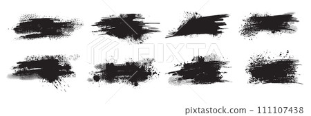 Ink splatter set, paint brush stroke kit, vector black grunge stain, graffiti texture liquid splash 111107438