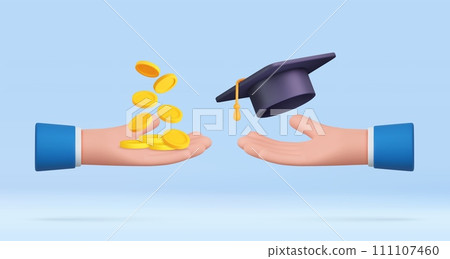 3D cartoon hand hold graduations cap and money coins 3D cartoon hand hold graduations cap and money coins 111107460