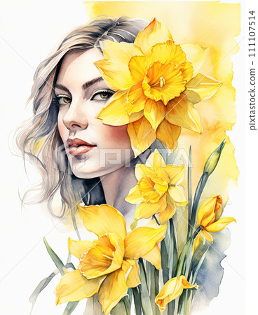 Narcissistic personality disorder concept. A woman framed by a Narcissus flower. Narcissistic personality disorder concept. A woman framed by a Narcissus flower. 111107514