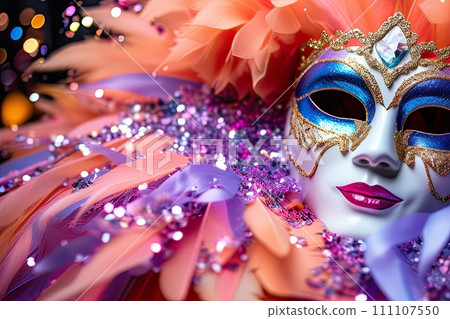 Colorful carnival mask close up. Traditional festive costume attribute. 111107550