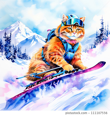 Cat skiing at winter. Watercolor illustration. Cat skiing at winter. Watercolor illustration. 111107556