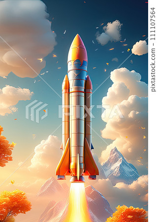 The rocket takes off from the planet. Colorful bright modern style illustration. 111107564