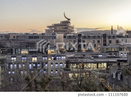 Aerial view of St James Quarter shopping centre at sunset in Edinburgh. Aerial view of St James Quarter shopping centre at sunset in Edinburgh. 111107680