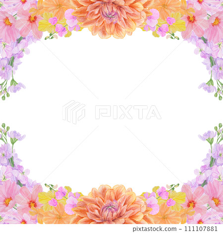 Watercolor botanical colorful frame of summer and autumn flowers: orange dahlia, lathyrus, gillyflower, yellow nasturtium, pink cosmos. Good for wedding print products, paper, invitations, greetings 111107881