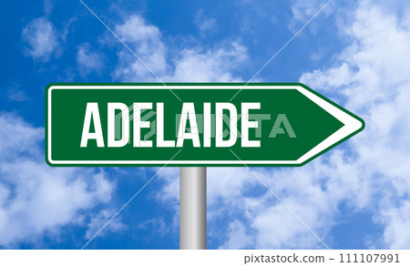 Adelaide road sign on blue sky background 111107991