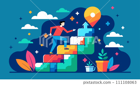 Colorful vector illustration of a man climbing steps to reach a goal Colorful vector illustration of a man climbing steps to reach a goal 111108063