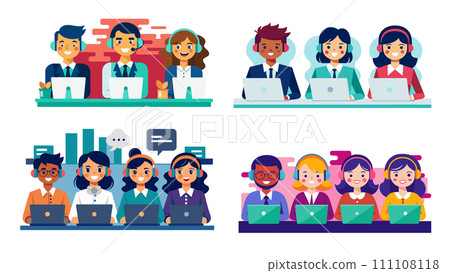 Diverse team of professionals working in office settings, vector illustrations 111108118
