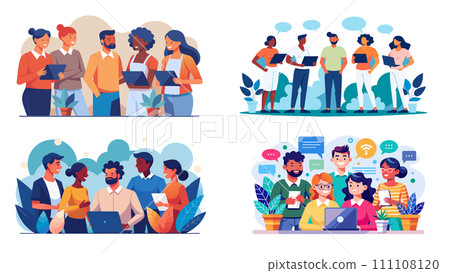 Diverse teams engaged in business collaboration and communication 111108120