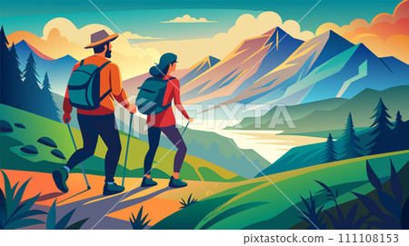 Adventurous couple hiking in mountains vector illustration 111108153