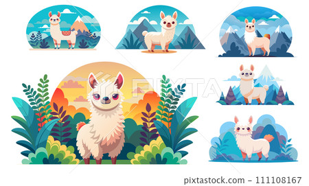 Cute cartoon llamas in various landscapes, vector illustration set Cute cartoon llamas in various landscapes, vector illustration set 111108167