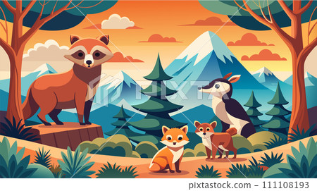 Colorful vector illustration of forest animals in a mountain landscape Colorful vector illustration of forest animals in a mountain landscape 111108193