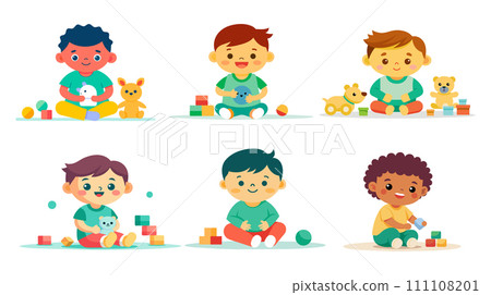 Diverse group of cartoon toddlers playing with toys and smiling 111108201