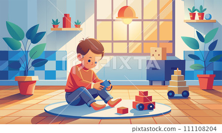 Cheerful child playing with blocks in a sunny room vector illustration 111108204