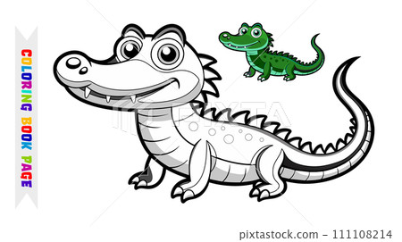 Cute cartoon alligator coloring book page illustration for kids 111108214