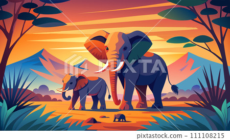 Colorful vector illustration of elephants in a sunset safari landscape Colorful vector illustration of elephants in a sunset safari landscape 111108215