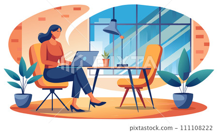 Professional woman working on laptop in modern home office setting. Vector Illustration. 111108222