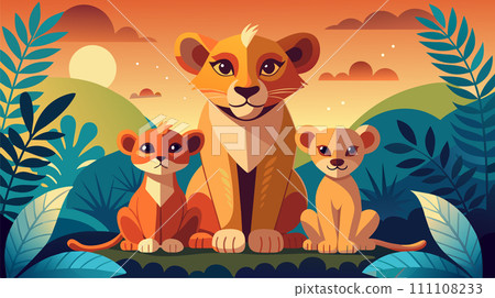 Vector illustration of a lion family at sunset in the savannah Vector illustration of a lion family at sunset in the savannah 111108233