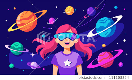 Smiling girl experiencing virtual reality space simulation with colorful planets. Vector Illustration. Smiling girl experiencing virtual reality space simulation with colorful planets. Vector Illustration. 111108234