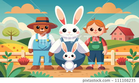 Friendly cartoon farm animals and children in rural landscape vector illustration Friendly cartoon farm animals and children in rural landscape vector illustration 111108235