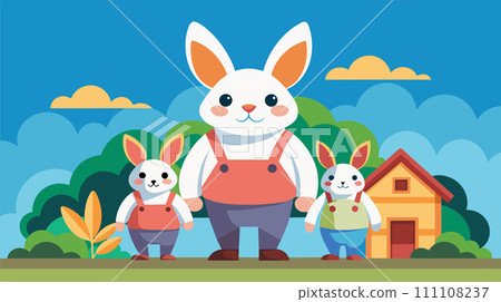 Happy rabbit family with children and home in nature Happy rabbit family with children and home in nature 111108237
