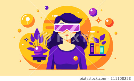 Young woman experiencing virtual reality with abstract elements. Vector Illustration. Young woman experiencing virtual reality with abstract elements. Vector Illustration. 111108238