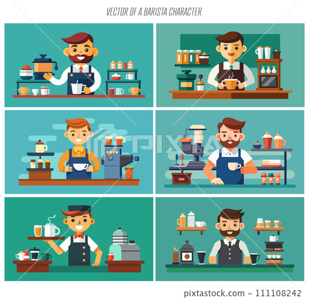 Set of cheerful barista character illustrations at coffee shop. Vector Illustration. Set of cheerful barista character illustrations at coffee shop. Vector Illustration. 111108242