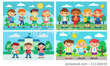Colorful vector illustration of school children on outdoor backgrounds Colorful vector illustration of school children on outdoor backgrounds 111108243