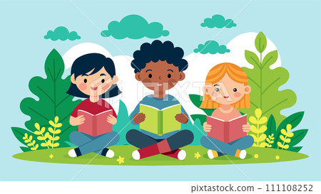 Diverse children reading books together in a park, vector illustration Diverse children reading books together in a park, vector illustration 111108252